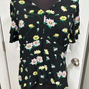 LOFT Black Ruffled Short Sleeve Blouse